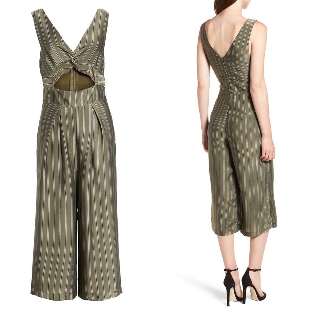 4Si3enna Silky Olive Stripe Cutout Jumpsuit L